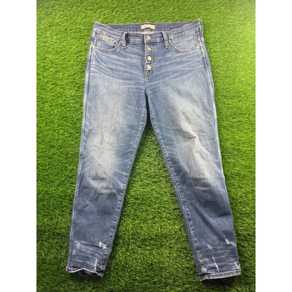 Madewell Womens Slim Straight Jeans Button Fly Lt Blue Wash Sz 32 Distressed Hem - Picture 1 of 15